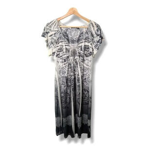 NWT Apt 9 Womens Geometric Dress Scoop Neck Gray White Shark Bite Stretch Knit L